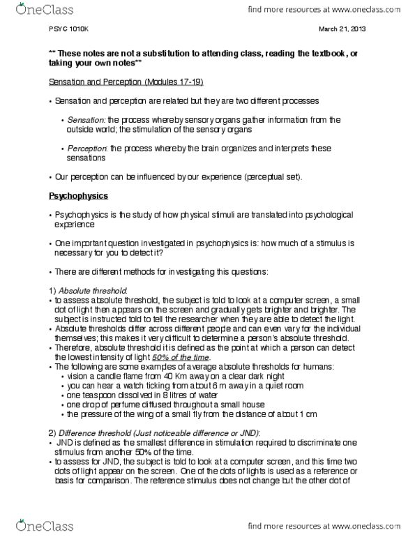 PSYC 1010 Lecture Notes - Detection Theory, Retina, Interposition thumbnail