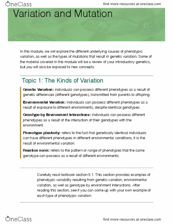 BIOL359 Lecture Notes - Lecture 4: Phenotypic Plasticity, Mutation, Mutation Rate thumbnail