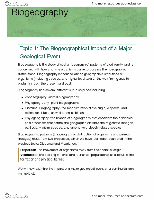 BIOL359 Lecture Notes - Lecture 12: Phytogeography, Zoogeography, Biogeography thumbnail