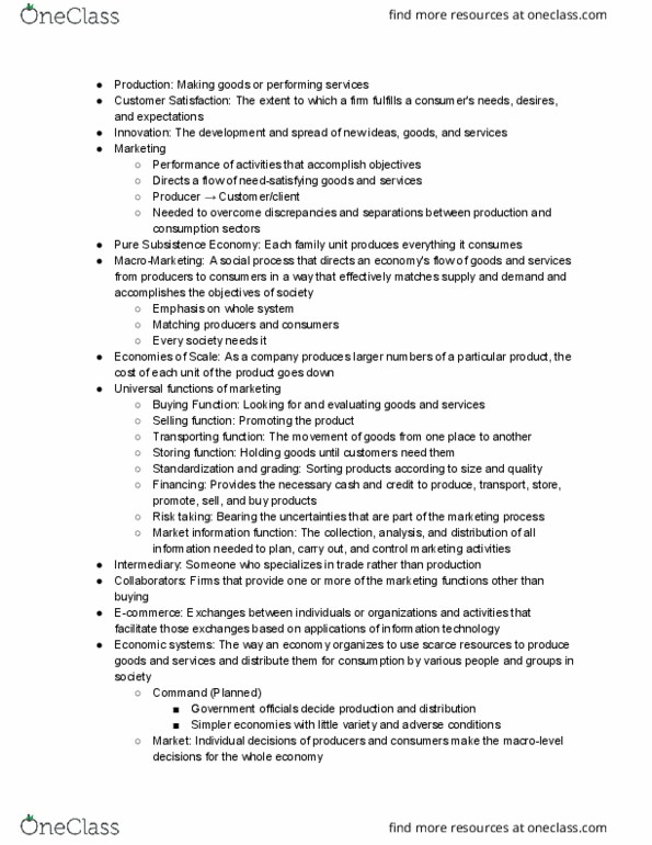 MKT 337 Lecture Notes - Lecture 1: Economic System, Customer Relationship Management thumbnail