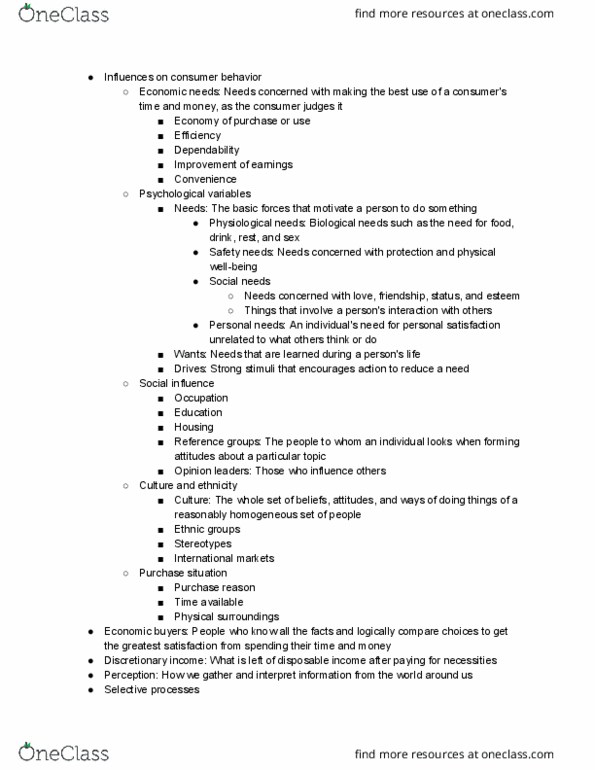 MKT 337 Lecture Notes - Lecture 6: Disposable And Discretionary Income, Social Influence, Selective Perception thumbnail