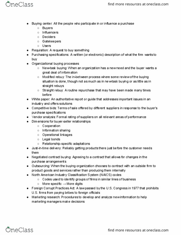 MKT 337 Lecture Notes - Lecture 8: North American Industry Classification System, Foreign Corrupt Practices Act, White Paper thumbnail