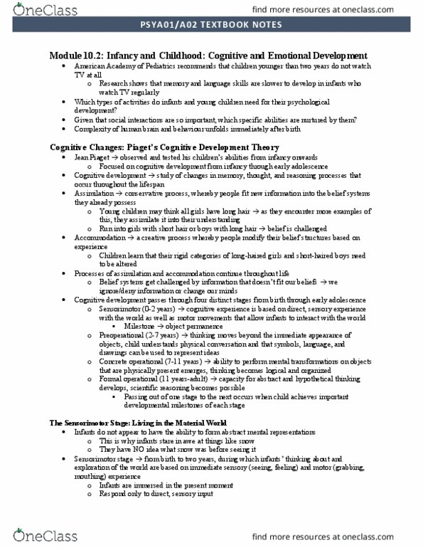 PSYA01H3 Chapter Notes - Chapter 10: Cognitive Development, Object Permanence, Scientific Method thumbnail