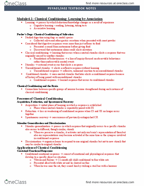 PSYA01H3 Chapter Notes - Chapter 6: Classical Conditioning, Learning, Observational Learning thumbnail