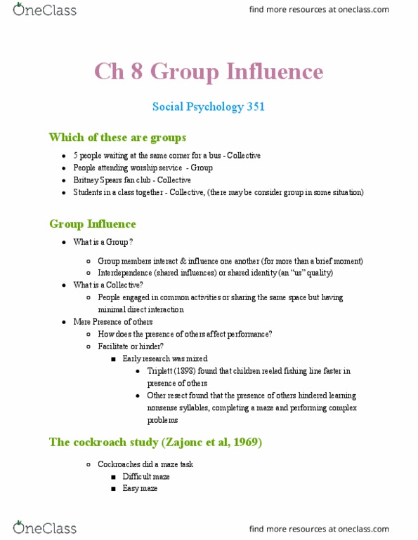 PSYC 351 Lecture Notes - Lecture 8: Cockroach, Groupthink, Social Loafing thumbnail