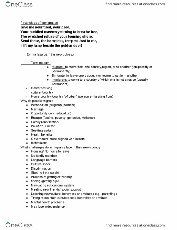 PSYC 421 Lecture Notes - Lecture 1: Emma Lazarus, Family Reunification, Culture Shock thumbnail