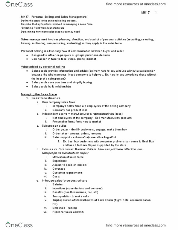 SMG MK 323 Lecture Notes - Lecture 17: Geek Squad, Sales Management, Personal Selling thumbnail