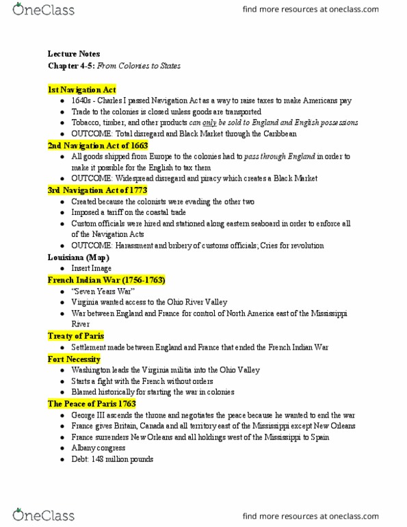 HIST 109 Lecture Notes - Lecture 1: Albany Congress, Navigation Acts, First Continental Congress thumbnail