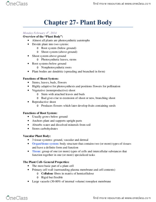 BI111 Chapter Notes - Chapter 27: Cactus, Monocotyledon, Endodermis thumbnail