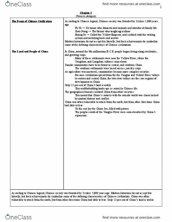 HIST 1011 Chapter Notes - Chapter 3: Shennong, Yellow Emperor, Fuxi thumbnail