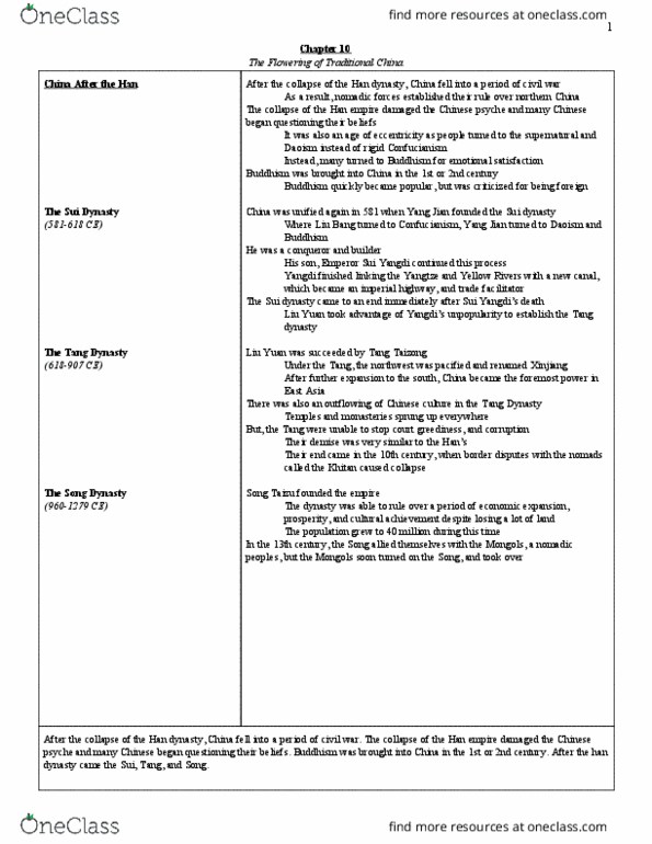 HIST 1011 Chapter Notes - Chapter 10: Emperor Yang Of Sui, Emperor Taizong Of Tang, Sui Dynasty thumbnail