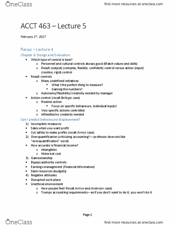ACCT 463 Lecture Notes - Lecture 5: Gamesmanship, Earnings Management, Historical Cost thumbnail