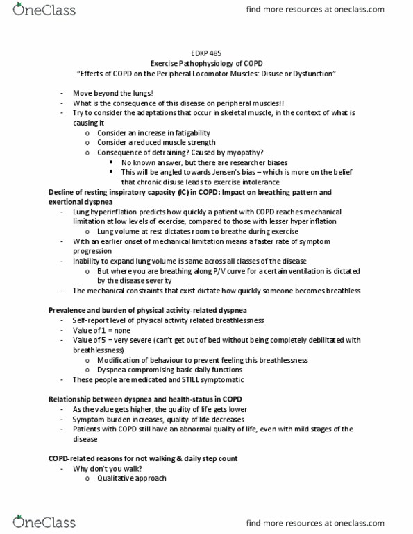 EDKP 485 Lecture Notes - Lecture 10: Chronic Obstructive Pulmonary Disease, Shortness Of Breath, Myopathy thumbnail