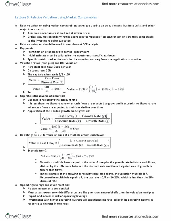 FINE 443 Lecture Notes - Lecture 5: Dividend Discount Model, Valuation Using Multiples, Capitalization Rate thumbnail