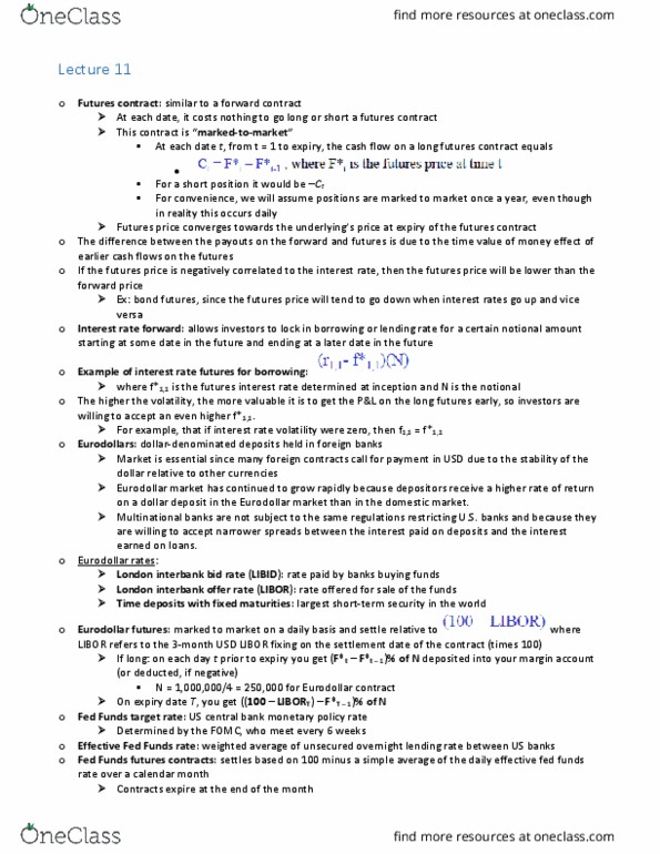 FINE 451 Lecture Notes - Lecture 11: Federal Funds Rate, Eurodollar, Federal Funds thumbnail