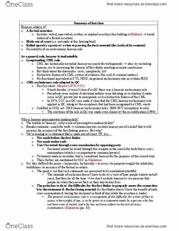 LAWG 415 Lecture Notes - Lecture 11: Exclusionary Rule, Distinctive Feature, Declarant thumbnail
