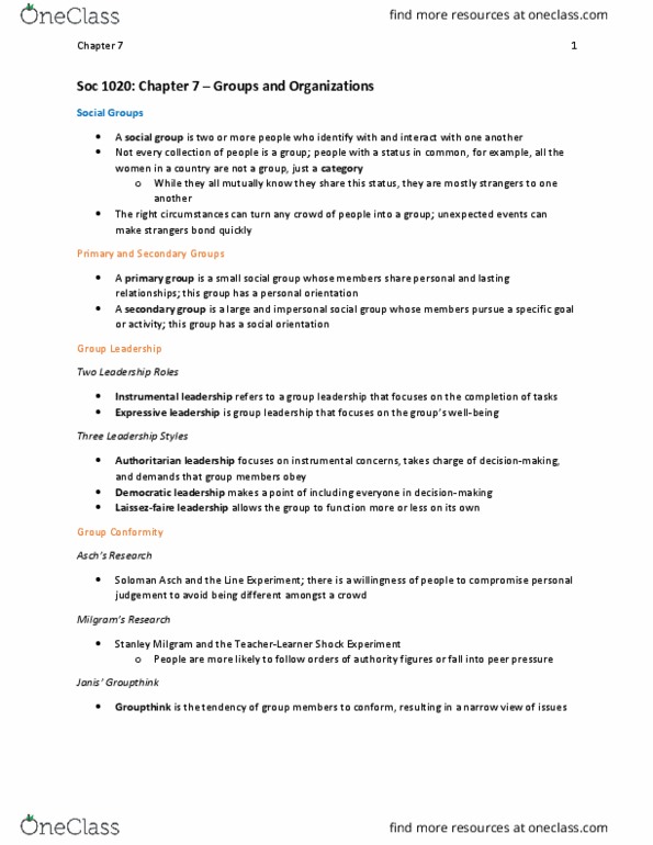 Sociology 1020 Chapter Notes - Chapter 7: Groupthink, Peer Pressure, Reference Group thumbnail