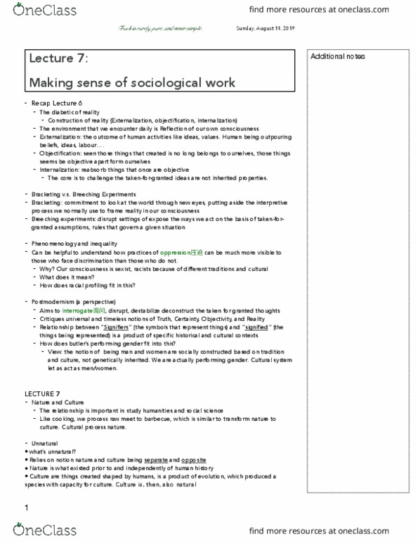 SOC150H1 Lecture Notes - Lecture 7: Bracketing, Cultural System, Social Inequality thumbnail