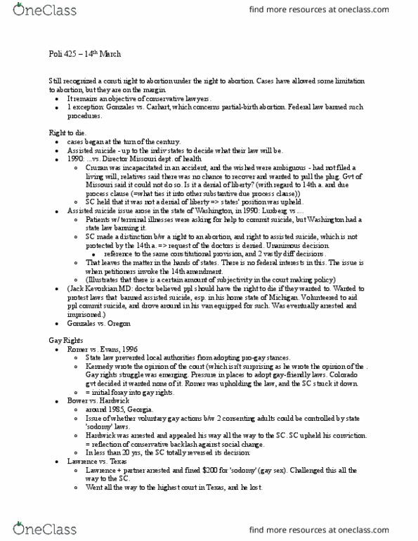POLI 425 Lecture Notes - Lecture 2: Jack Kevorkian, Fourteenth Amendment To The United States Constitution, Assisted Suicide thumbnail