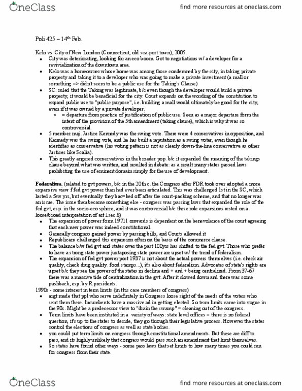 POLI 425 Lecture Notes - Lecture 6: Swing Vote, Anthony Kennedy, Fifth Amendment To The United States Constitution thumbnail