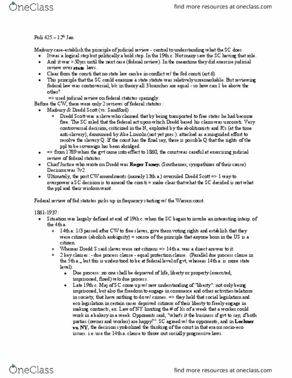 POLI 425 Lecture Notes - Lecture 10: Roger B. Taney, Equal Protection Clause, Lochner Era thumbnail