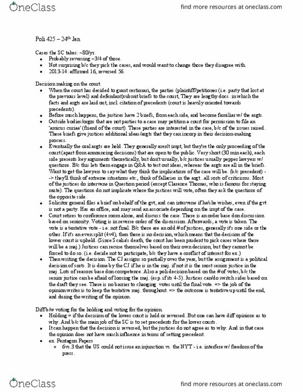 POLI 425 Lecture Notes - Lecture 18: Amicus Curiae, Pentagon Papers, Decision-Making thumbnail