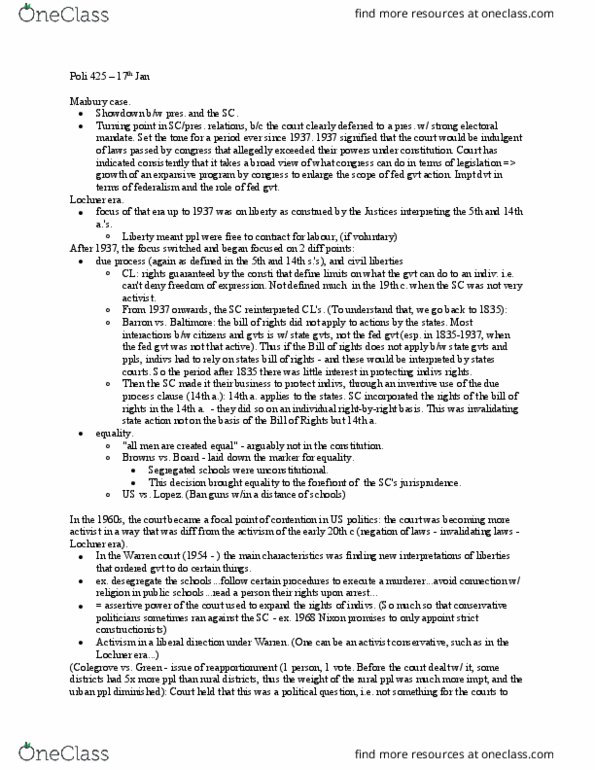 POLI 425 Lecture Notes - Lecture 20: Lochner Era, Warren Court, Civil Rights Cases thumbnail