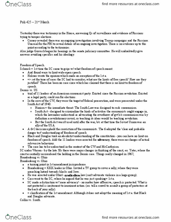 POLI 425 Lecture Notes - Lecture 14: United States Senate Committee On The Judiciary, Communist Party Usa, Smith Act thumbnail