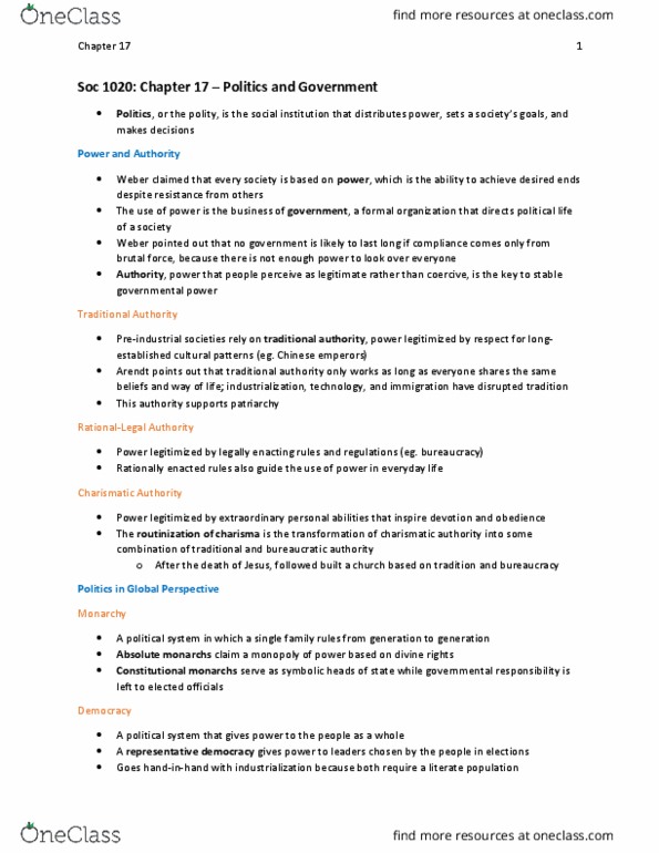 Sociology 1020 Chapter Notes - Chapter 17: Charismatic Authority, Political Spectrum, Universal Health Care thumbnail