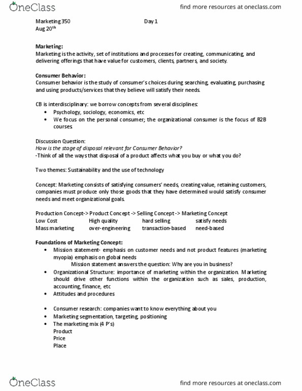 MKT 350 Lecture Notes - Lecture 1: Consumer Behaviour, Customer Relationship Management, Mass Marketing thumbnail