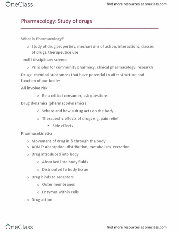 BLG 599 Lecture Notes - Lecture 5: Clinical Pharmacology, Drug Action, Pharmacodynamics thumbnail