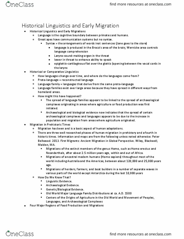 ANT 160 Lecture Notes - Lecture 9: Peter Bellwood, Homo Erectus, Linguistic Reconstruction thumbnail