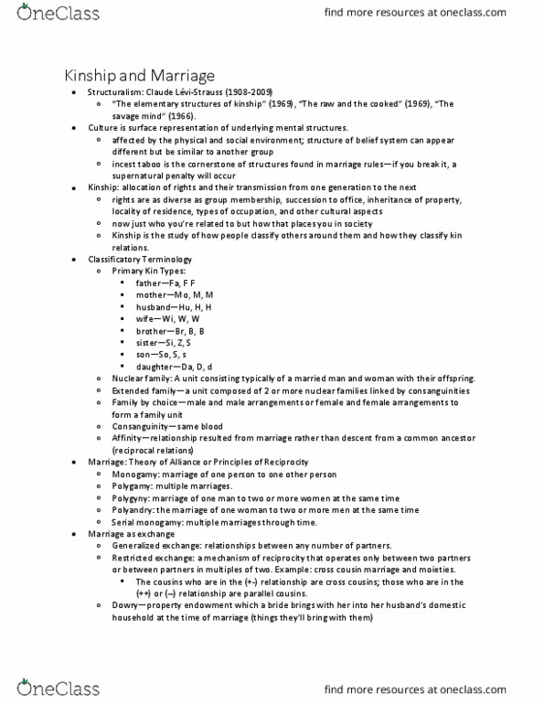 ANT 160 Lecture Notes - Lecture 11: The Savage Mind, Cousin Marriage, Monogamy thumbnail