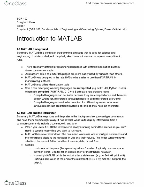 EGR 102 Chapter Notes - Chapter 1: Matlab, Fortran, Semicolon thumbnail