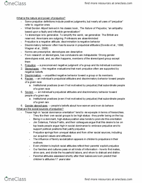 PSY 210 Lecture Notes - Lecture 9: Social Dominance Orientation, Gordon Allport, Gender Role thumbnail