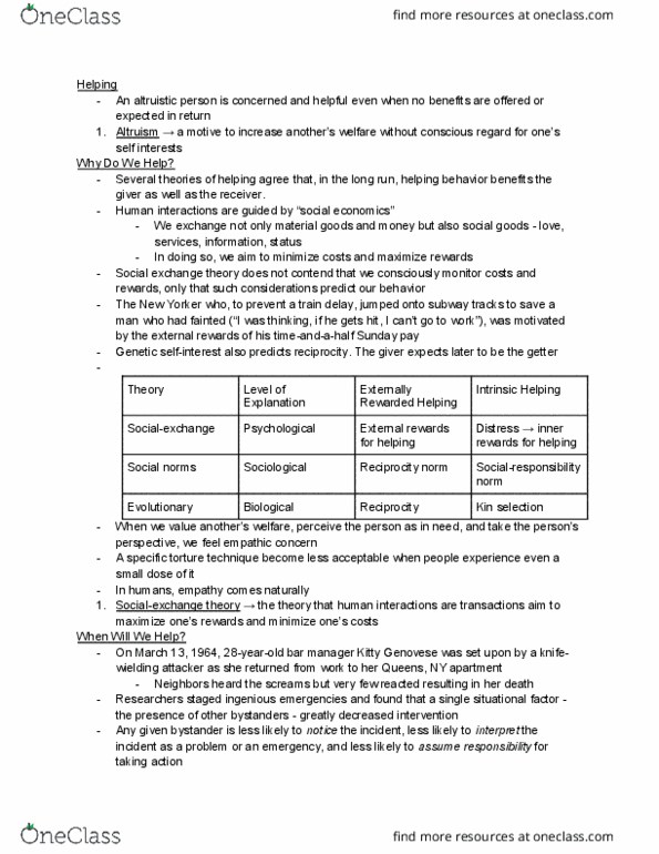 PSY 210 Lecture Notes - Lecture 12: Social Exchange Theory, Murder Of Kitty Genovese, Empathic Concern thumbnail