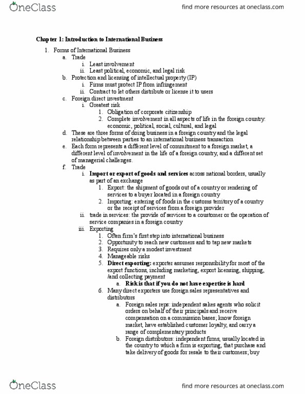 BSL 412 Chapter Notes - Chapter 1: Foreign Direct Investment, Customs Territory, Import License thumbnail