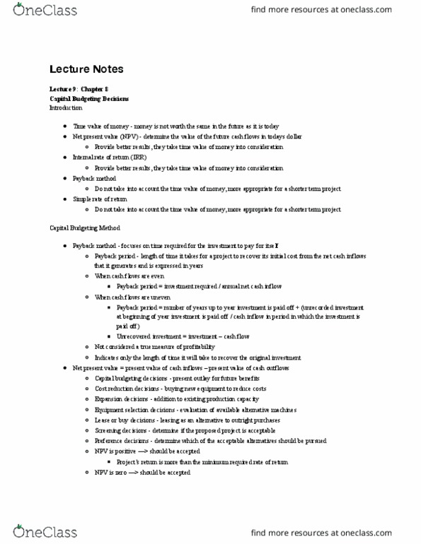 ACCTG 202 Lecture Notes - Lecture 9: Payback Period, Cash Flow, Capital Budgeting thumbnail