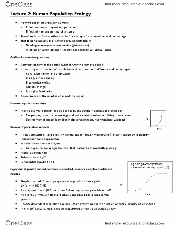 BIO220H1 Lecture Notes - Lecture 7: Exponential Growth, Population Ecology, Carrying Capacity thumbnail