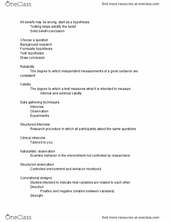 PSYC 2400 Lecture Notes - Lecture 3: Naturalistic Observation, Structured Interview, Random Assignment thumbnail