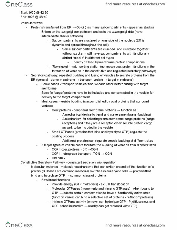 BIO 320 Lecture Notes - Lecture 5: Secretion, Gtpase, Transmembrane Protein thumbnail