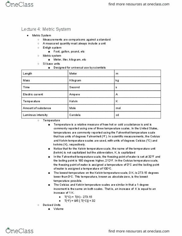 CHEM 111 Lecture Notes - Lecture 5: Kelvin, Scale Of Temperature, Metric System thumbnail