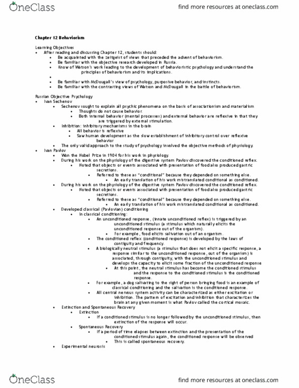 PSY 421 Lecture Notes - Lecture 12: Classical Conditioning, Vladimir Bekhterev, Zeitgeist thumbnail