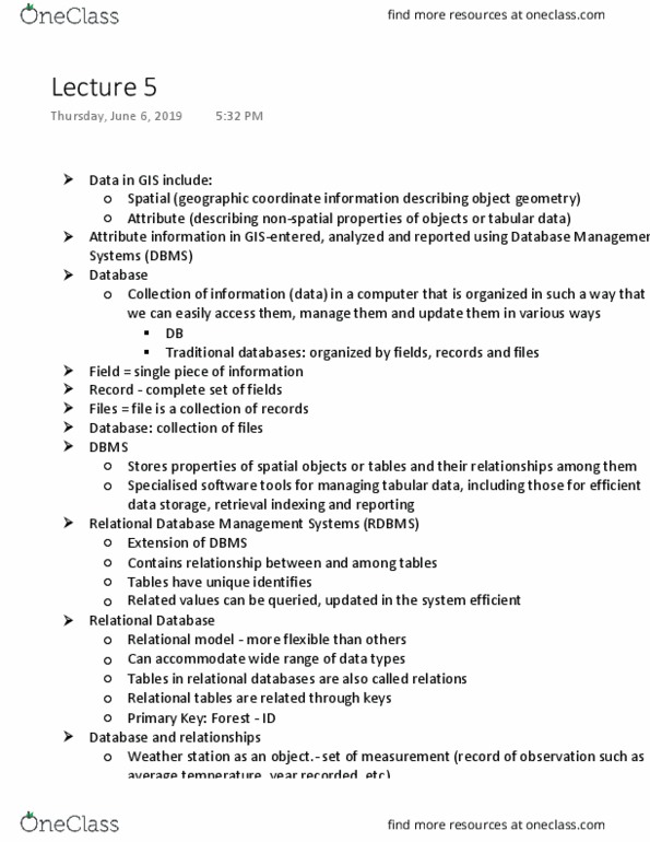 GGRA30H3 Lecture Notes - Lecture 5: Relational Database Management System, Database, Geographic Coordinate System thumbnail