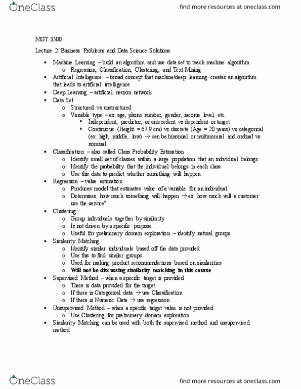 MGT-3500 Lecture Notes - Lecture 2: Artificial Neuron, Text Mining, Deep Learning thumbnail