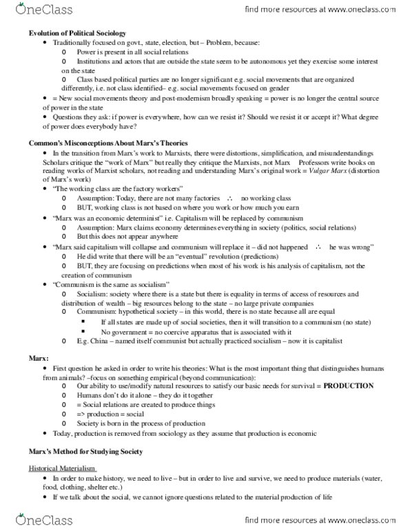 SOC101Y1 Lecture Notes - Bourgeoisie, Neoliberalism, Class Conflict thumbnail