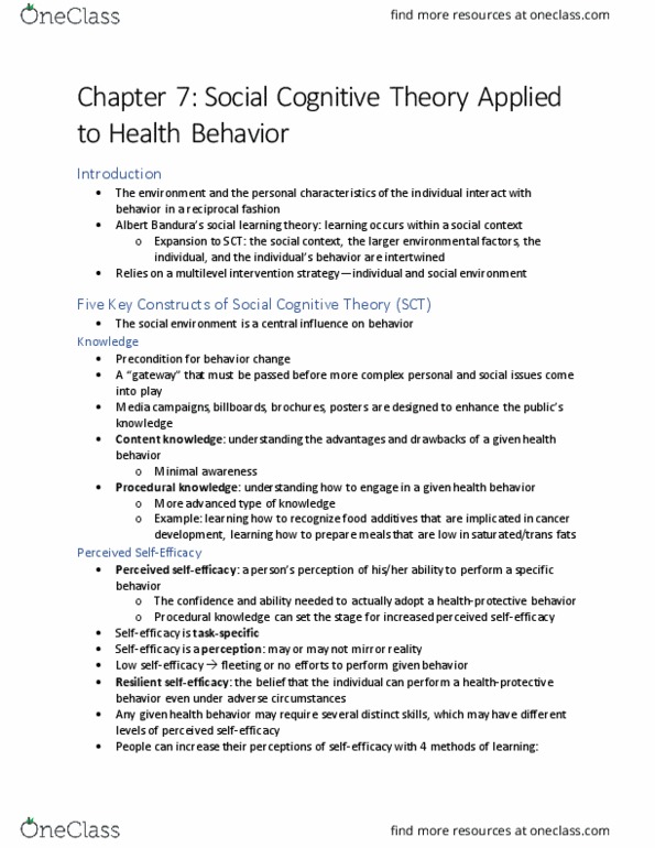 HLT 3301 Chapter Notes - Chapter 7: Social Cognitive Theory, Social Learning Theory, Procedural Knowledge thumbnail