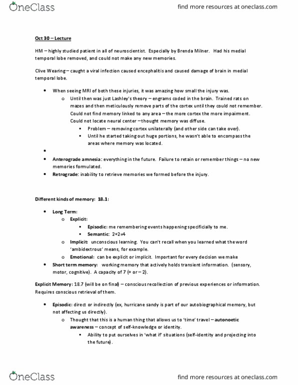 NEUR 3610 Lecture Notes - Lecture 13: Temporal Lobe, Brenda Milner, Anterograde Amnesia thumbnail