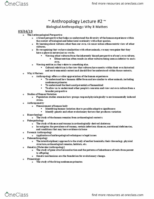 ANT 230 Lecture Notes - Lecture 2: Molecular Anthropology, Biological Anthropology, Cultural Relativism thumbnail