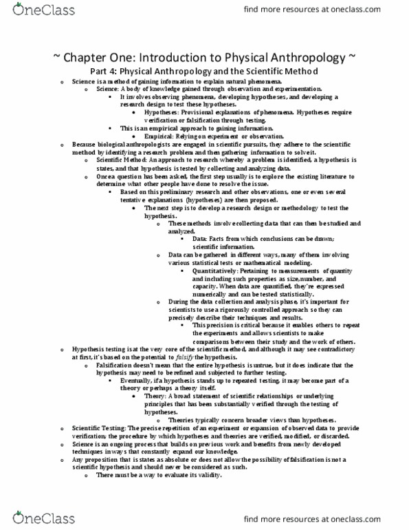 ANT 230 Chapter Notes - Chapter 1.4: Statistical Hypothesis Testing, Scientific Method thumbnail